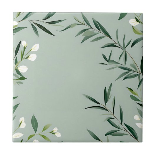 Minimalistische grüne Zweige auf trostfreiem Blau Fliese (Vorderseite)