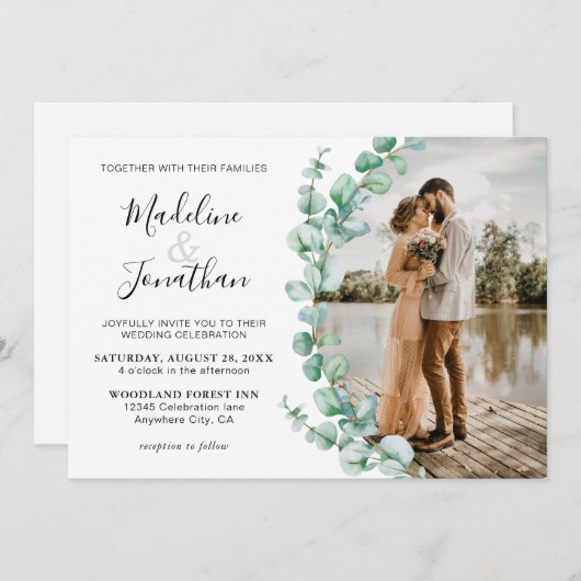 Minimalistische Grünpflanzen Eukalyptus Foto Weddi Einladung (Vorne/Hinten)