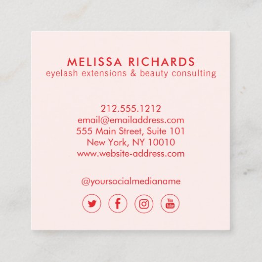 Minimalistische Hand und Lashes Circle Logo Rot/Ro Quadratische Visitenkarte (Rückseite)