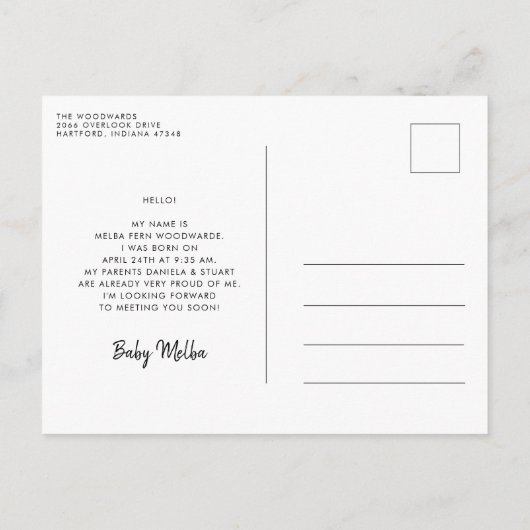 Minimalistische handgeschriebene Einführung in neu Postkarte (Rückseite)