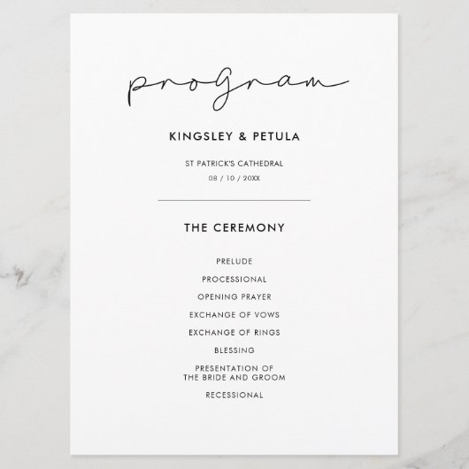 Minimalistische handgeschriebene Hochzeit Programm (Vorderseite)