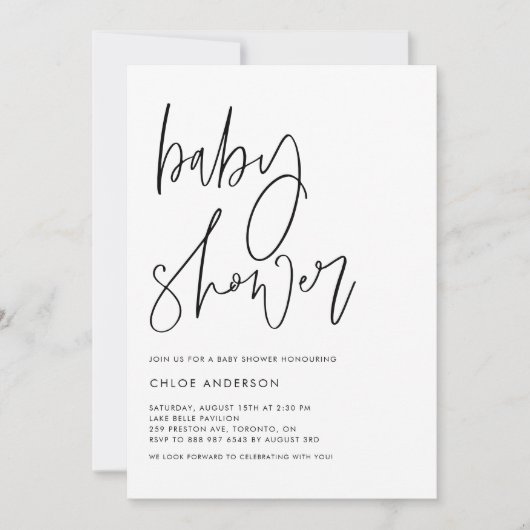 Minimalistische handgeschriebene Script Black Baby Einladung (Vorderseite)