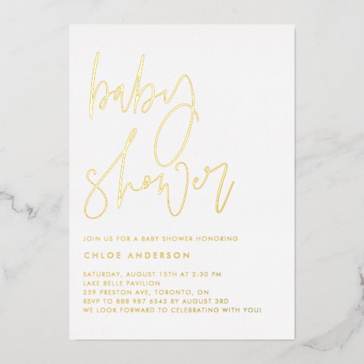 Minimalistische handgeschriebene Script Black Baby Folieneinladung (Vorderseite)