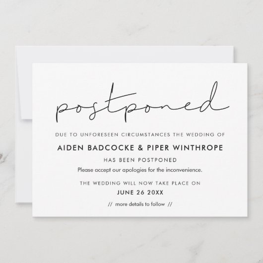 Minimalistische handgeschriebene vertagte Ankündig Einladung (Vorderseite)