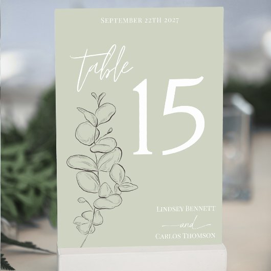 Minimalistische handgezeichnete Blätter bei grüner Tischnummer