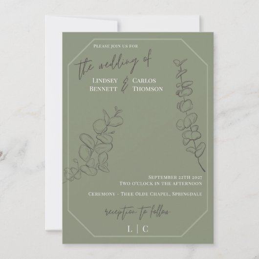 Minimalistische handgezeichnete Blätter Grüne Foto Einladung (Vorderseite)