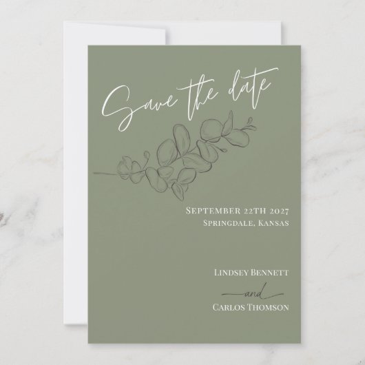 Minimalistische handgezeichnete Blätter Grüne Schr Save The Date (Vorderseite)