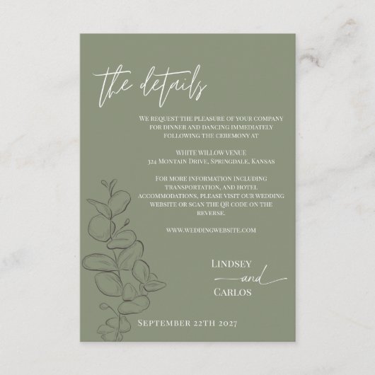 Minimalistische handgezeichnete Blätter zeigen grü Begleitkarte (Vorderseite)