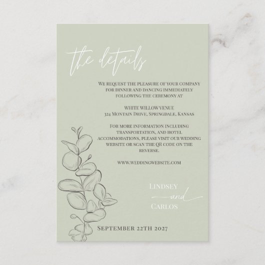 Minimalistische handgezeichnete Blätter zeigen grü Begleitkarte (Vorderseite)