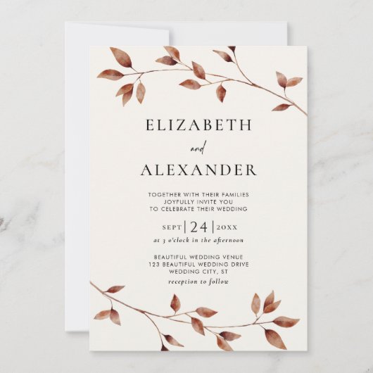 Minimalistische Herbstlaub Botanische Hochzeit Einladung (Vorderseite)