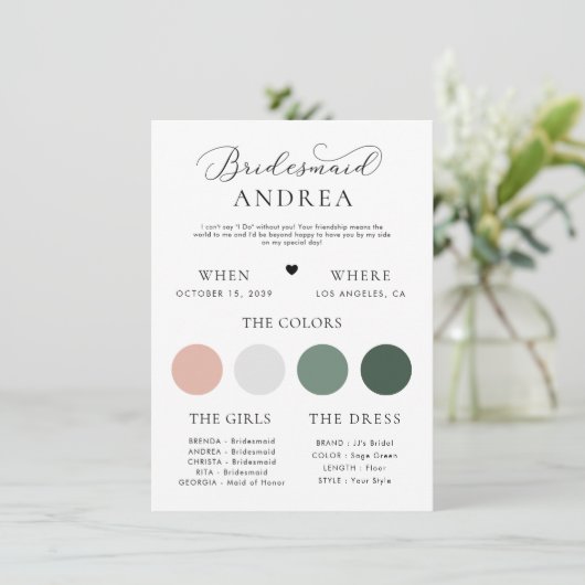 Minimalistische Herz- und Script-Bridesmaid-Info-K Einladung (Stehend Vorderseite)