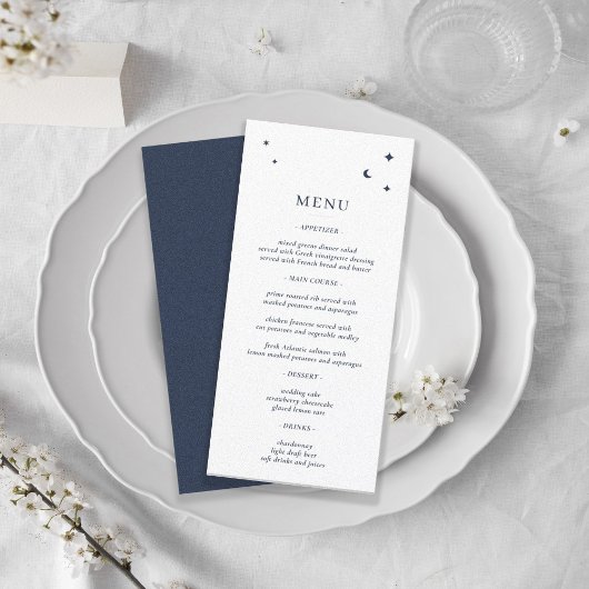 Minimalistische Himmelsstars und Mond Weiß und Mar Menükarte