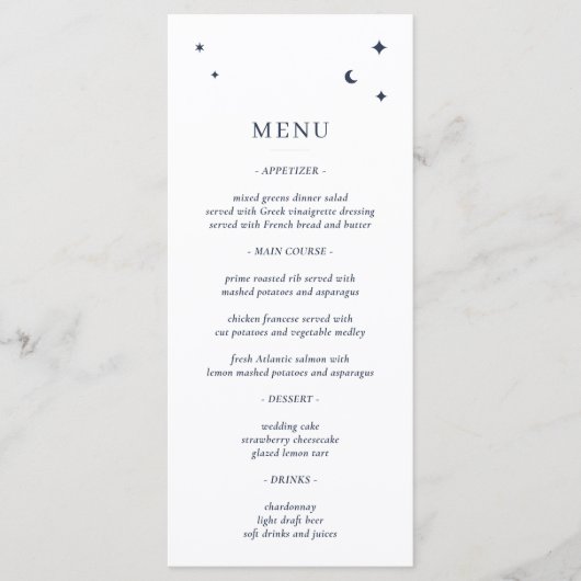 Minimalistische Himmelsstars und Mond Weiß und Mar Menükarte (Vorderseite)