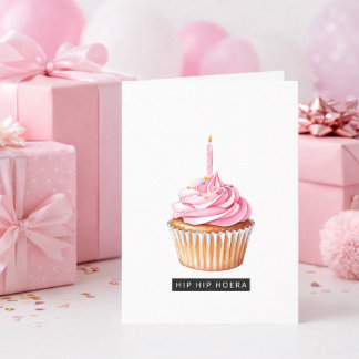 Minimalistische Hip Hip Hoera Roze Cupcake Jarig  Karte
