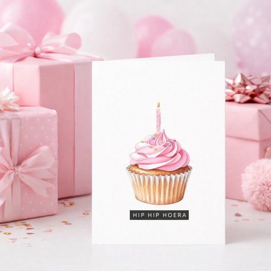 Minimalistische Hip Hip Hoera Roze Cupcake Jarig  Karte