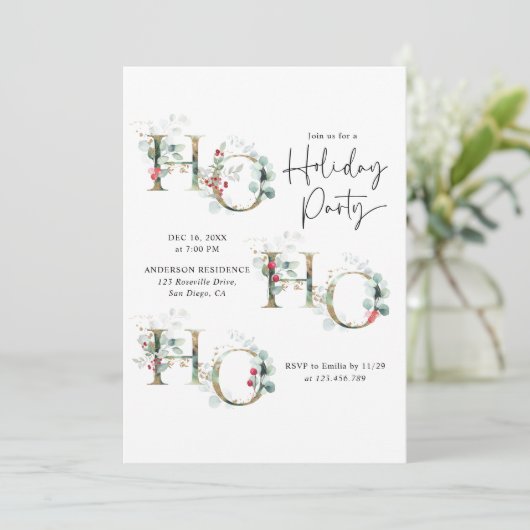 Minimalistische Ho Ho Ho Greenery Holiday Party Einladung (Stehend Vorderseite)