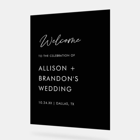 Minimalistische Hochzeit Begrüßungsschwarz Acrylschild (Winkel)