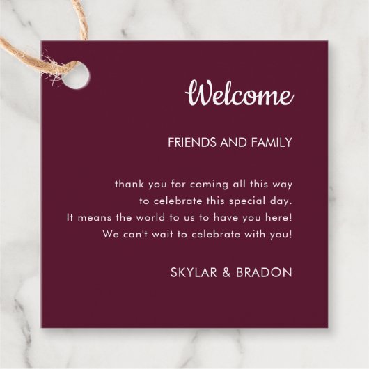 Minimalistische Hochzeit Burgund Begrüßungsgeschen Geschenkanhänger (Vorderseite)