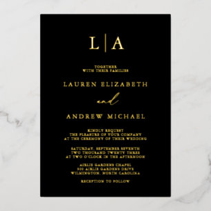 Minimalistische Hochzeit der Black Gold Foil Monog Folieneinladung