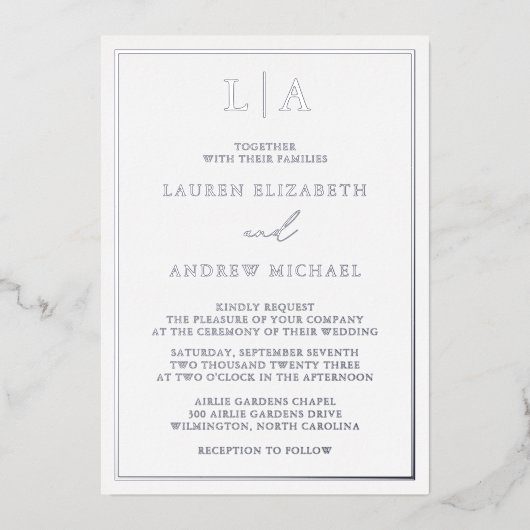 Minimalistische Hochzeit der Silberfolie Monogram Folieneinladung (Vorderseite)