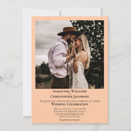 Minimalistische Hochzeit des Coral Peach Foto Einladung (Vorderseite)
