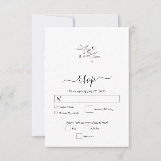 Minimalistische Hochzeit des Starfish Beach Monogr RSVP Karte (Vorderseite)