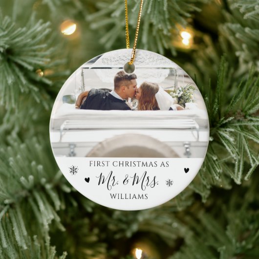 Minimalistische Hochzeit Foto Erste Weihnachtsfeie Keramik Ornament (Baum)