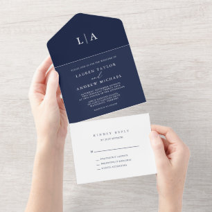 Minimalistische Hochzeit in Navy und Weiß All In One Einladung
