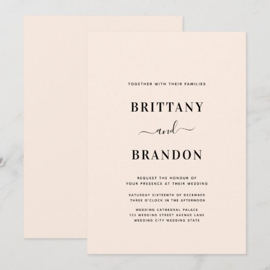 Minimalistische Hochzeit in Rosa Einladung (Vorne/Hinten)