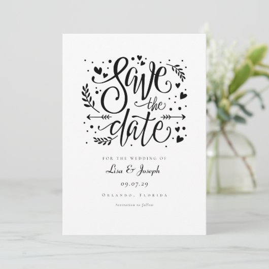 Minimalistische Hochzeit in Schwarz und Weiß Save The Date (Stehend Vorderseite)