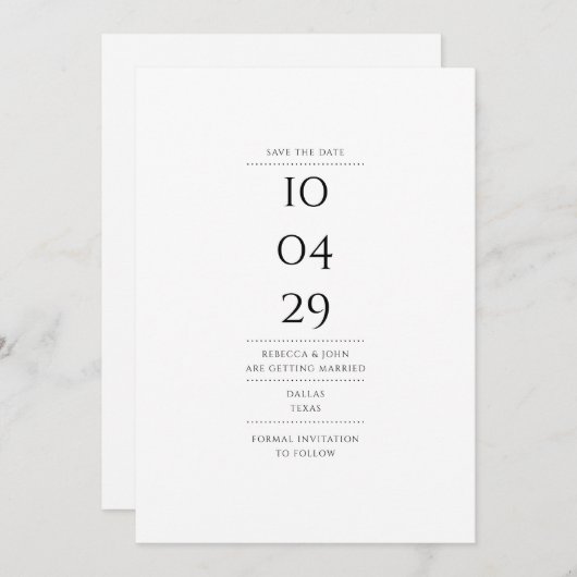 Minimalistische Hochzeit in Schwarz und Weiß Save The Date (Vorne/Hinten)