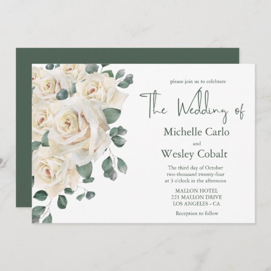 Minimalistische Hochzeit in Weiß und Grün der Rose Einladung (Vorne/Hinten)