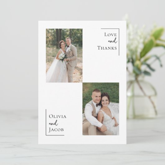 Minimalistische Hochzeit mit 3 Fotos Dankeskarte (Stehend Vorderseite)