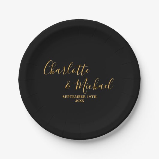 Minimalistische Hochzeit mit Black Gold Script Pappteller (Vorderseite)