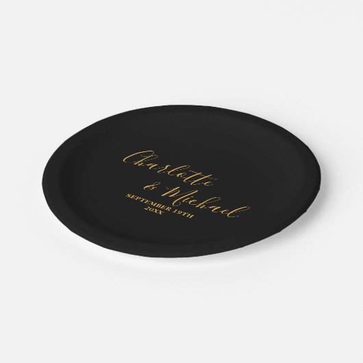 Minimalistische Hochzeit mit Black Gold Script Pappteller (Schrägansicht)
