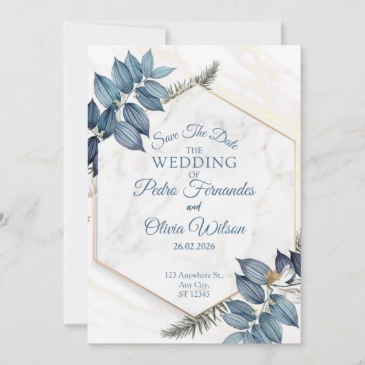 Minimalistische Hochzeit mit Blauer Flora Save the Einladung (Vorderseite)