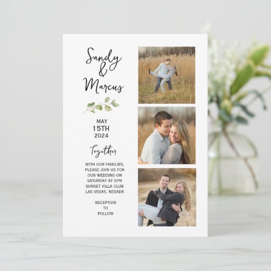Minimalistische Hochzeit mit drei Fotos Ankündigun Einladung (Stehend Vorderseite)