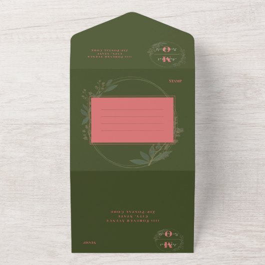 Minimalistische Hochzeit mit Olive Green Blush All In One Einladung (Außenbereich)