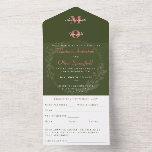 Minimalistische Hochzeit mit Olive Green Blush All In One Einladung (Innen)