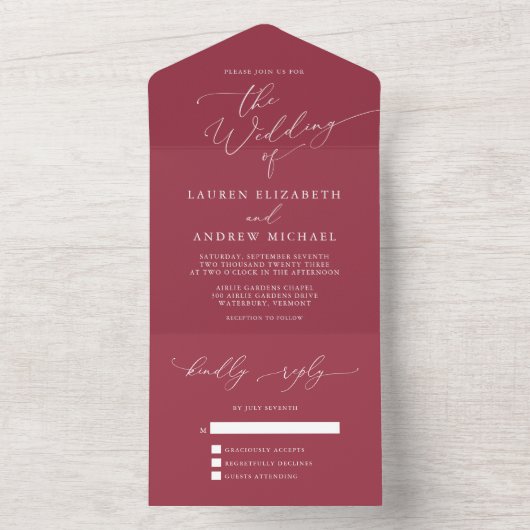 Minimalistische Hochzeit mit Rotwein All In One Einladung (Innen Boden)