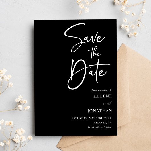 Minimalistische Hochzeit mit schwarzer Kalligrafie Save The Date