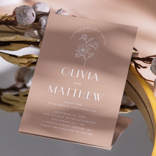Minimalistische Hochzeit mit warmen Blüten. QR und Einladung