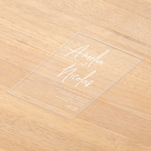Minimalistische Hochzeit mit weißem handgeschriebe Acryleinladungen (Ablage )