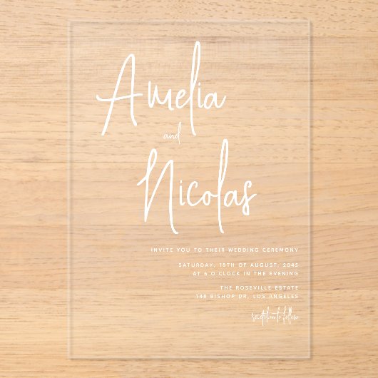 Minimalistische Hochzeit mit weißem handgeschriebe Acryleinladungen (Vorderseite)
