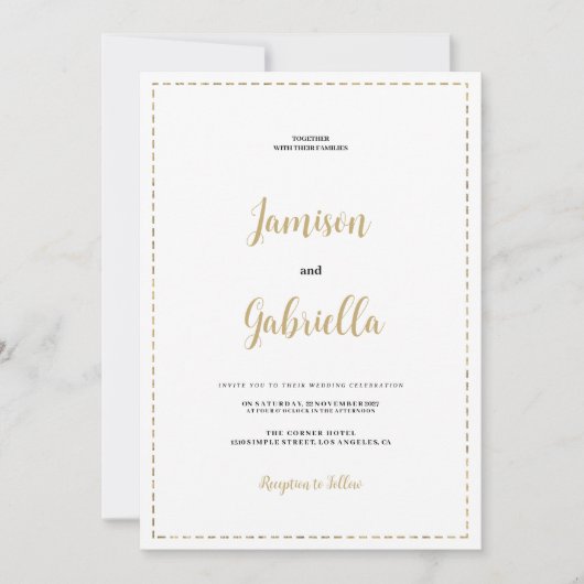 Minimalistische Hochzeit mit weißer und goldener K Einladung (Vorderseite)