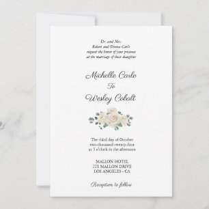 Minimalistische Hochzeit mit weißer und grüner Ros Einladung