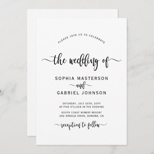 Minimalistische Hochzeit moderner Kalligrafie-QR-C Einladung (Vorne/Hinten)