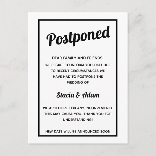 Minimalistische Hochzeit Postkarte verschoben (Vorderseite)