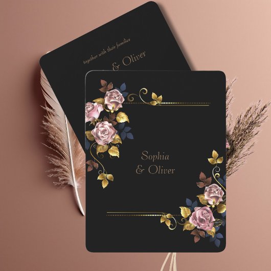 Minimalistische Hochzeit von Boho Black Gold Flora Einladung