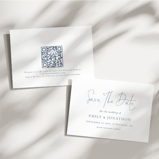 Minimalistische Hochzeit von dunkelblauem Text QR- Save The Date